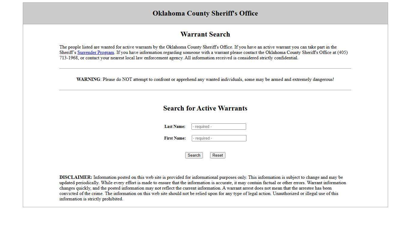 Oklahoma County Sheriff's Office - Warrant Search